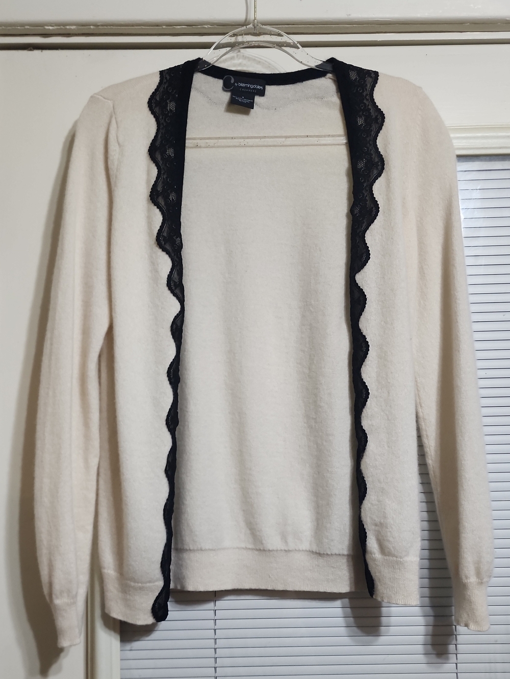 Cashmere Cream  Cardigan with Black Lace Trim - Seamprize Cashmere